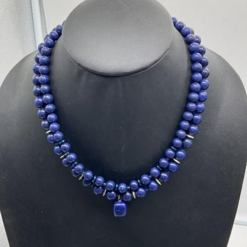 VINTAGE Stunning Silver & Lapis Beaded Double Strand Necklace 20"